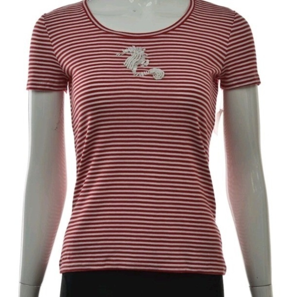 Talbots Petites Red White Striped Sequin Seahorse Nautical TShirt‎ Size P - Picture 1 of 8